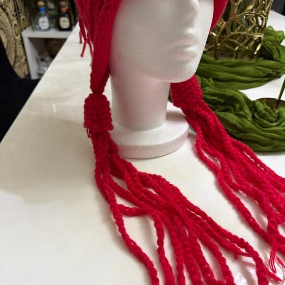 Red Knitted Winter Hat with Long Braided Tassels – Soft & Warm - Picture 6 of 7